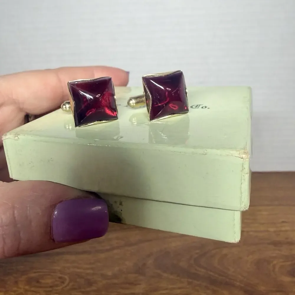 Vintage HICKOK Cherry Red & Goldtone Square Lucite Cufflinks